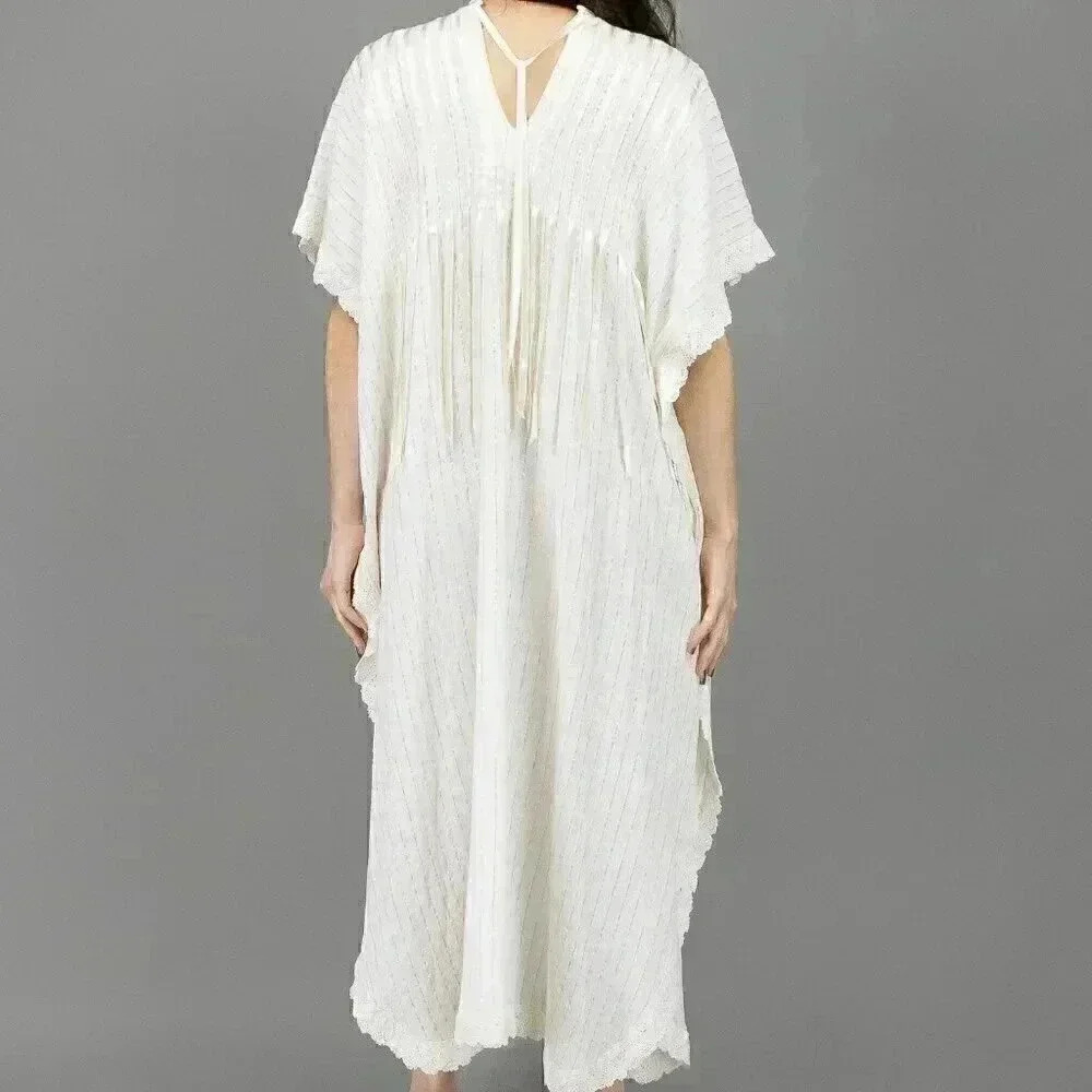 Vintage 70s White Caftan Size Medium Boho Chic Long Maxi‎ Dress Summer Wedding - Picture 6 of 6